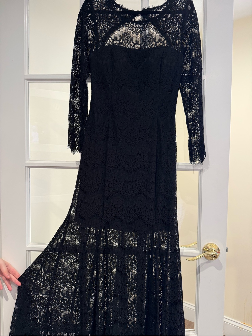 Betsy & Adam Black Long-Sleeve Lace Evening Dress